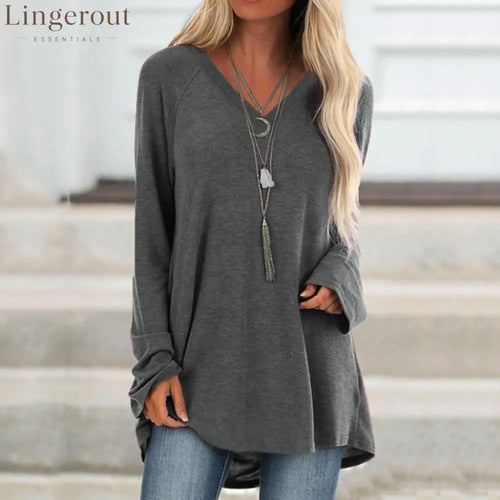 V‑Neck Raglan Long‑Sleeve Loose Knit Tunic Top - Dark gray / S