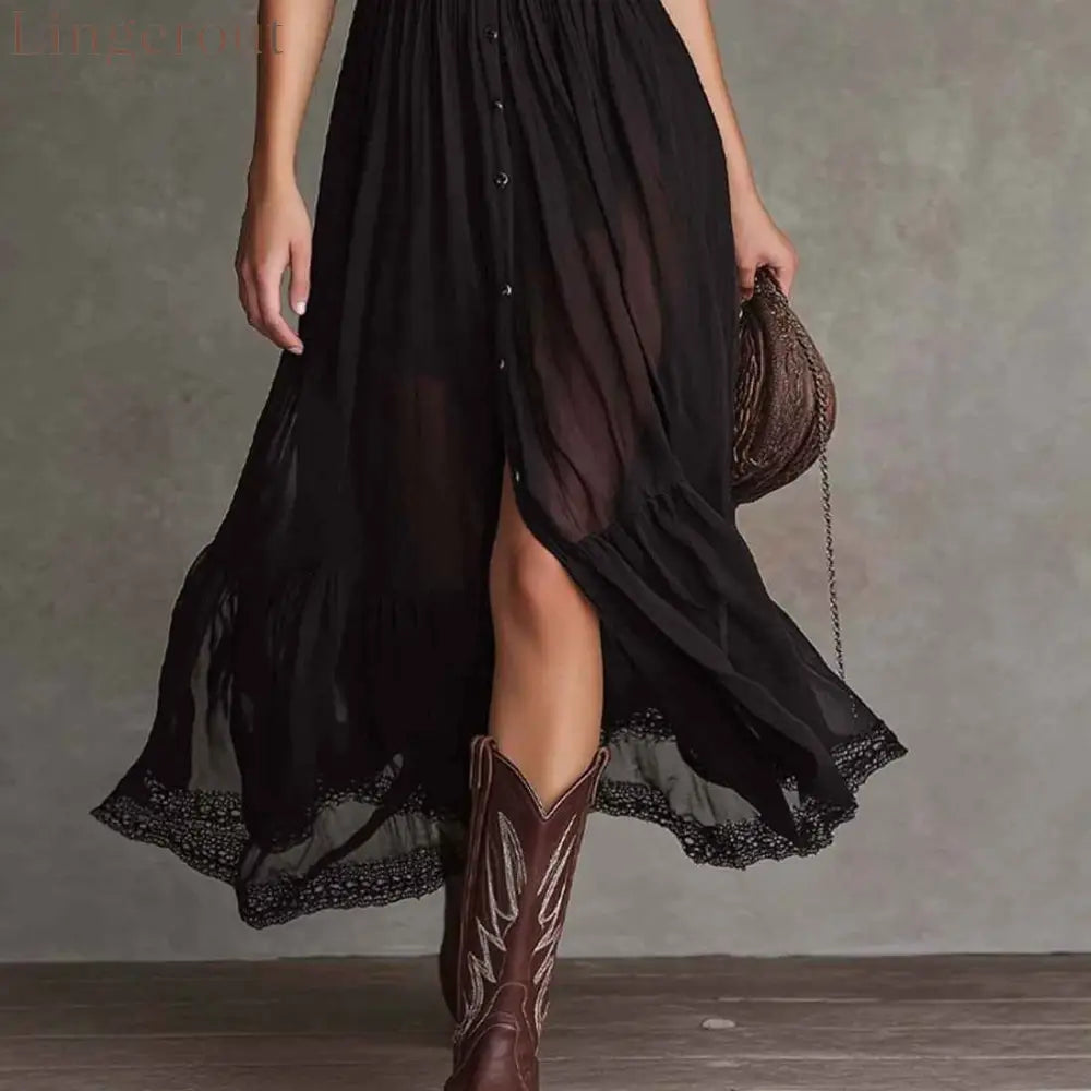 Fitted-waist Ruffled-edge Chic Dark-style V-neck Blouse And Slit Maxi Skirt