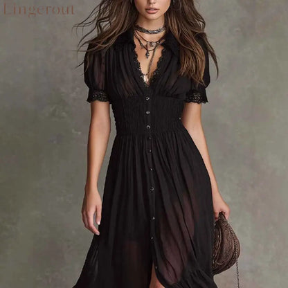 Fitted-waist Ruffled-edge Chic Dark-style V-neck Blouse And Slit Maxi Skirt
