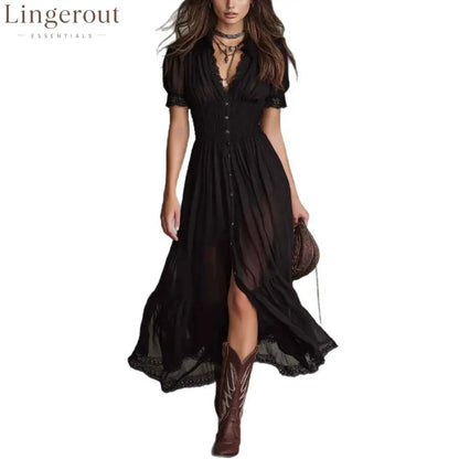 Fitted-waist Ruffled-edge Chic Dark-style V-neck Blouse And Slit Maxi Skirt