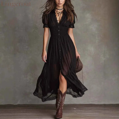 Fitted-waist Ruffled-edge Chic Dark-style V-neck Blouse And Slit Maxi Skirt
