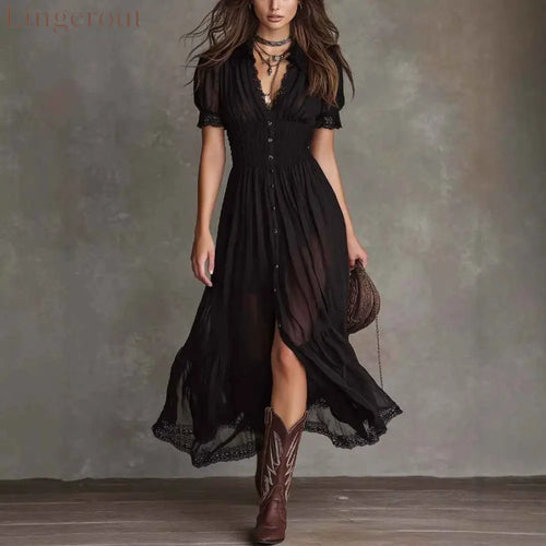Fitted-waist Ruffled-edge Chic Dark-style V-neck Blouse And Slit Maxi Skirt