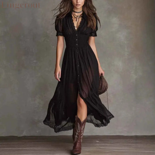 Fitted-waist Ruffled-edge Chic Dark-style V-neck Blouse And Slit Maxi Skirt