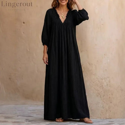 V‑Neck Ruffle Boho Maxi Dress Lantern 3/4 Sleeve Loose Casual Beach Cover‑up Caftan - Black / XS