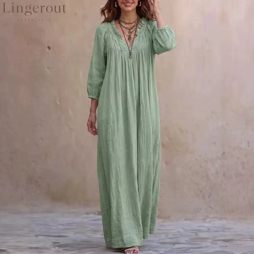 V‑Neck Ruffle Boho Maxi Dress Lantern 3/4 Sleeve Loose Casual Beach Cover‑up Caftan - Green / XS
