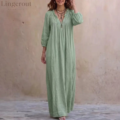 V‑Neck Ruffle Boho Maxi Dress Lantern 3/4 Sleeve Loose Casual Beach Cover‑up Caftan - Green / XS