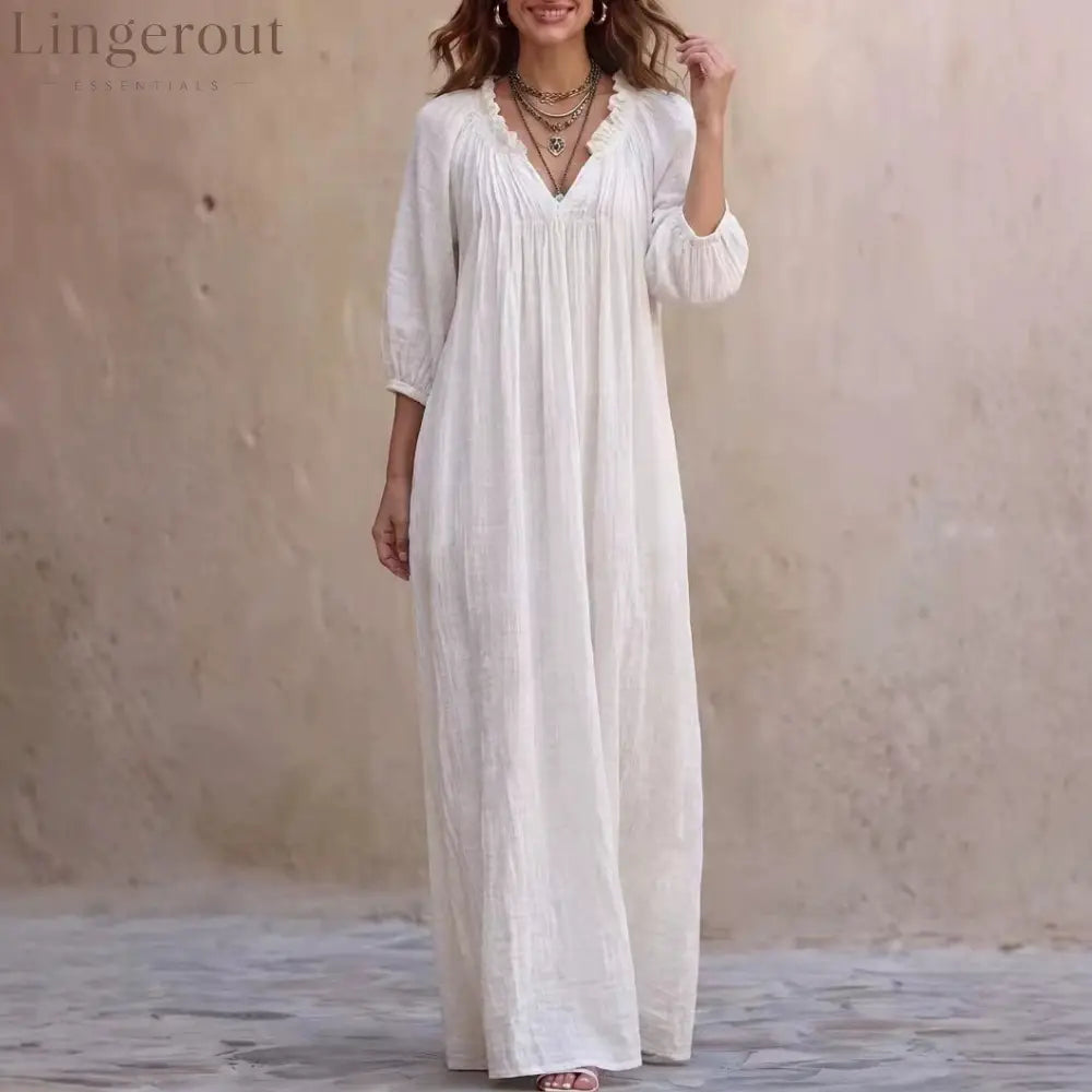 V‑Neck Ruffle Boho Maxi Dress Lantern 3/4 Sleeve Loose Casual Beach Cover‑up Caftan - White / XS