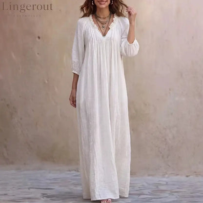V‑Neck Ruffle Boho Maxi Dress Lantern 3/4 Sleeve Loose Casual Beach Cover‑up Caftan - White / XS
