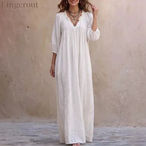 V‑Neck Ruffle Boho Maxi Dress Lantern 3/4 Sleeve Loose Casual Beach Cover‑up Caftan - White / XS