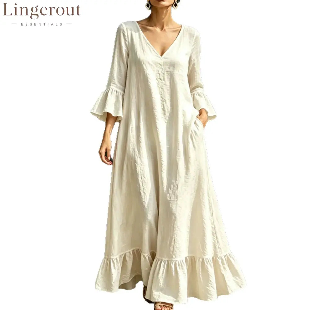 V‑Neck Ruffle Flare Sleeve Linen‑Blend Maxi Dress