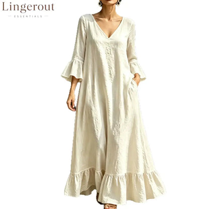 V‑Neck Ruffle Flare Sleeve Linen‑Blend Maxi Dress