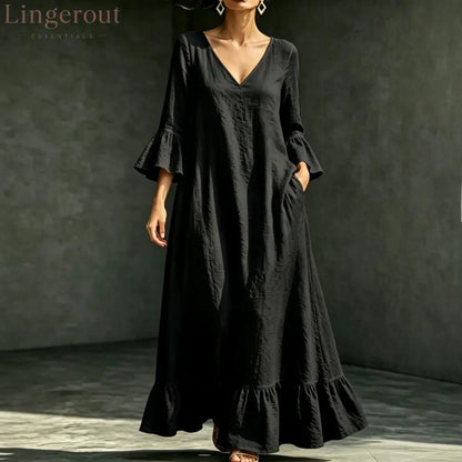 V‑Neck Ruffle Flare Sleeve Linen‑Blend Maxi Dress