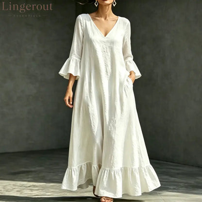V‑Neck Ruffle Flare Sleeve Linen‑Blend Maxi Dress