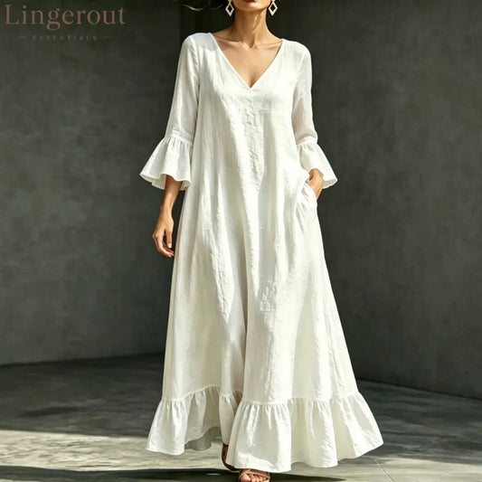 V‑Neck Ruffle Flare Sleeve Linen‑Blend Maxi Dress