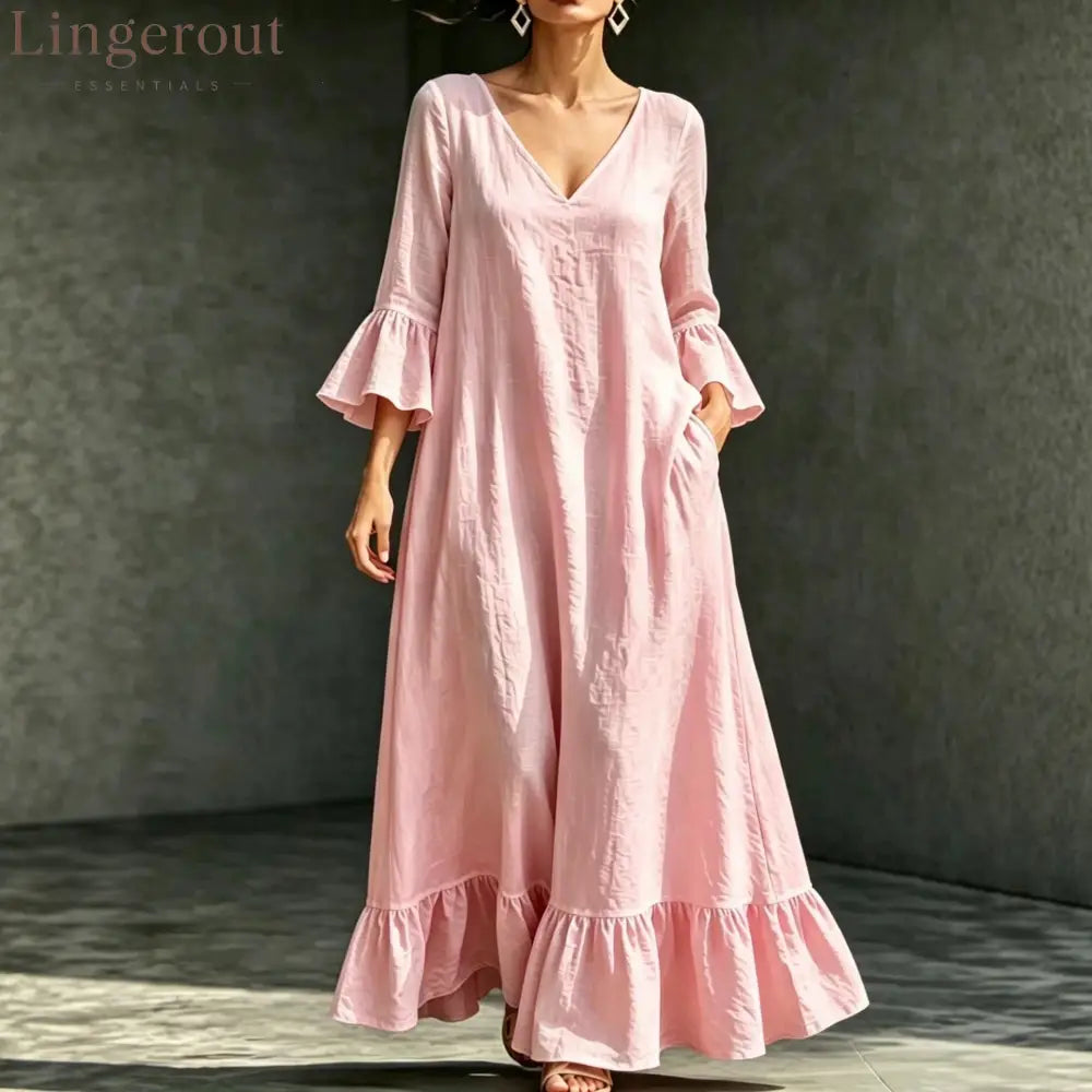 V‑Neck Ruffle Flare Sleeve Linen‑Blend Maxi Dress