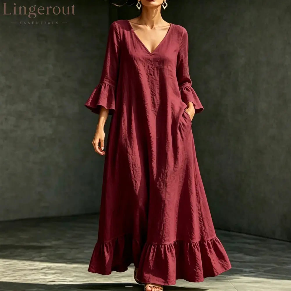 V‑Neck Ruffle Flare Sleeve Linen‑Blend Maxi Dress