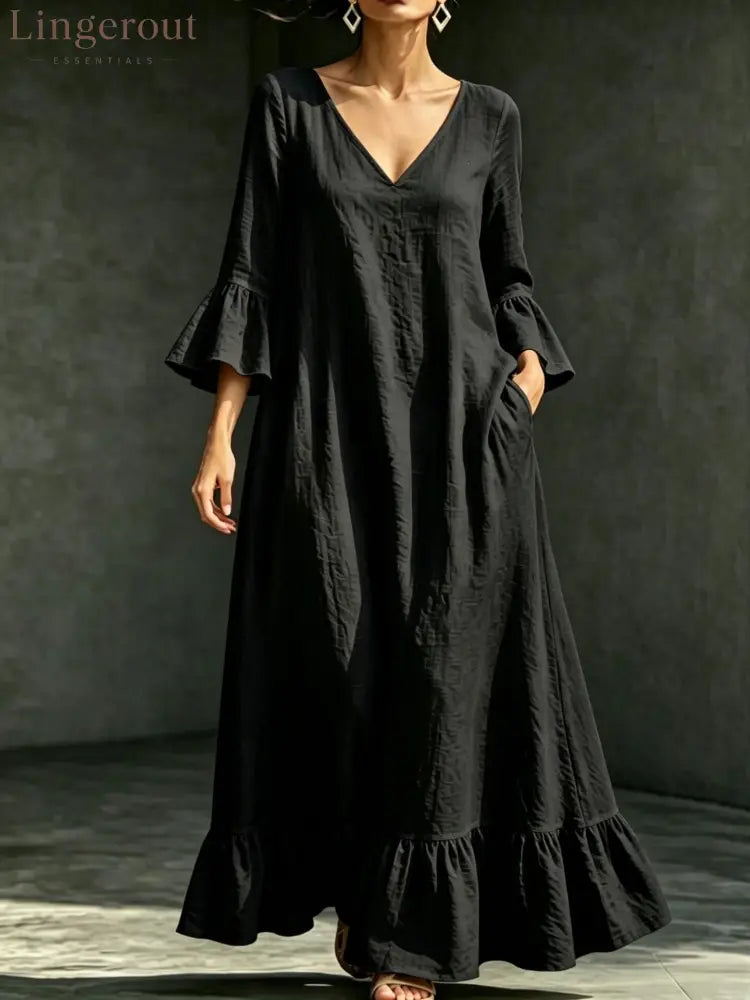 V‑Neck Ruffle Flare Sleeve Linen‑Blend Maxi Dress - Black / S
