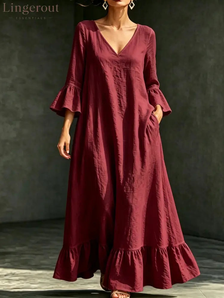 V‑Neck Ruffle Flare Sleeve Linen‑Blend Maxi Dress - Burgundy / S