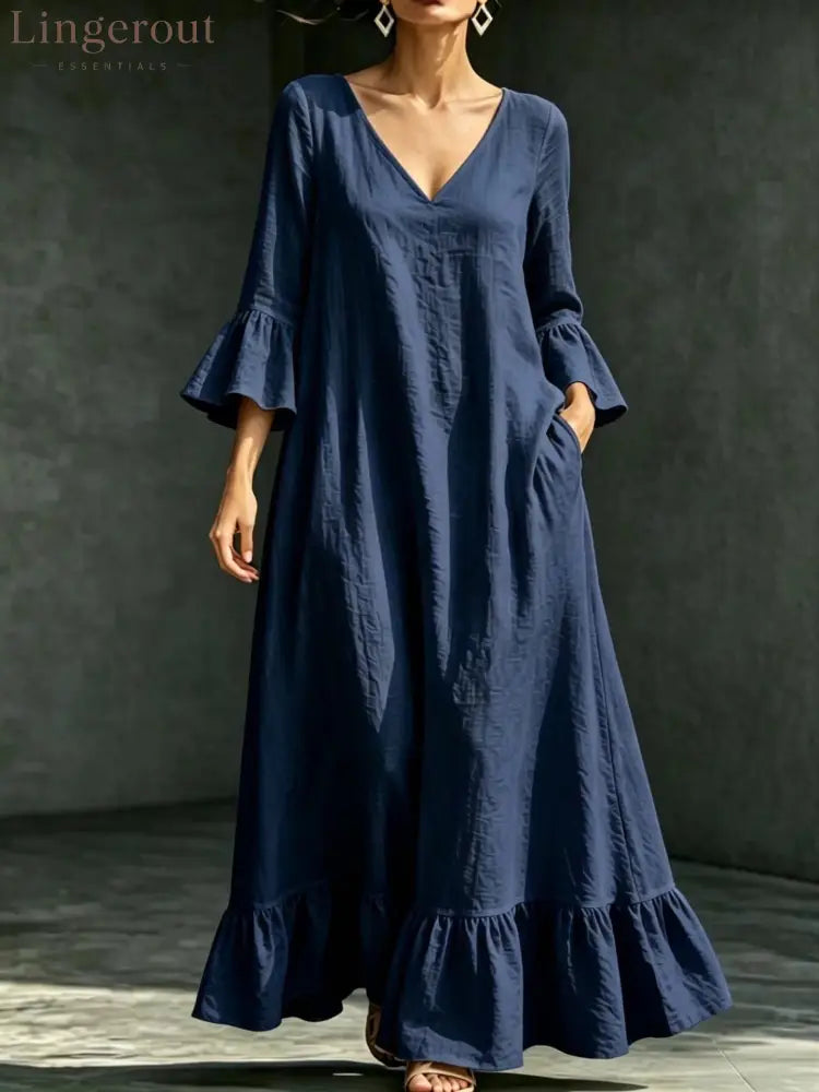 V‑Neck Ruffle Flare Sleeve Linen‑Blend Maxi Dress - Navy blue / S