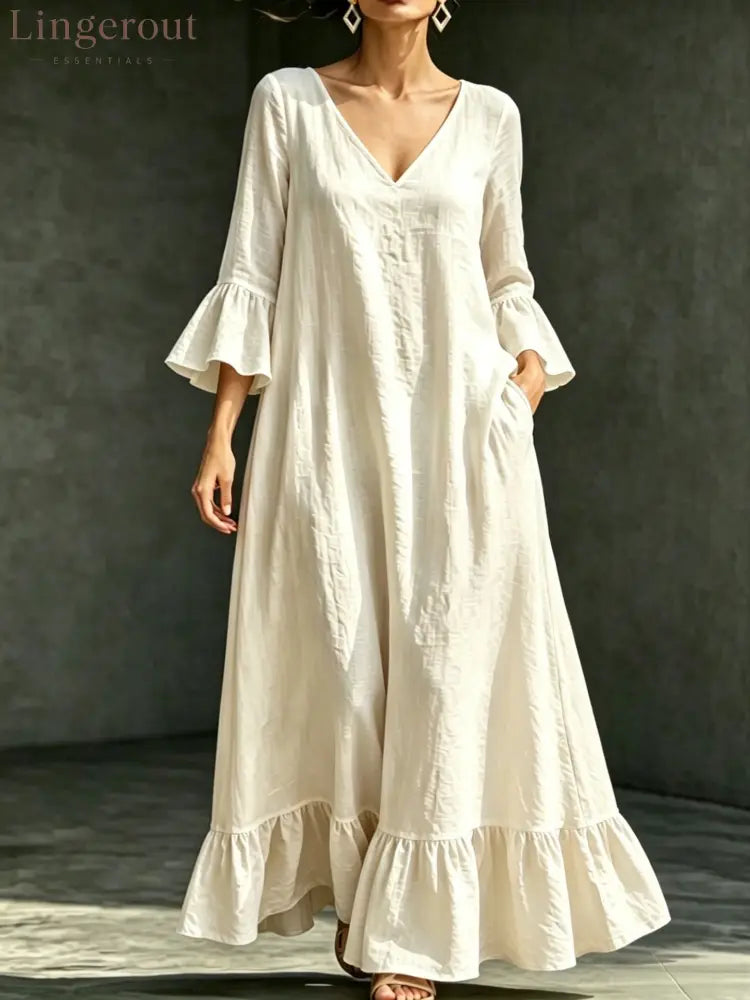 V‑Neck Ruffle Flare Sleeve Linen‑Blend Maxi Dress - Off-white / S