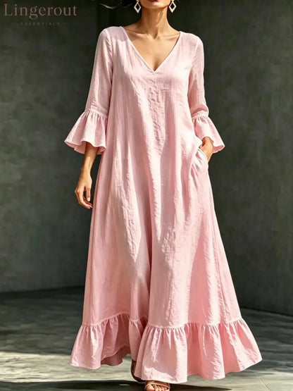 V‑Neck Ruffle Flare Sleeve Linen‑Blend Maxi Dress - Pink / S