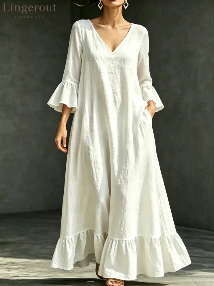 V‑Neck Ruffle Flare Sleeve Linen‑Blend Maxi Dress - White / S