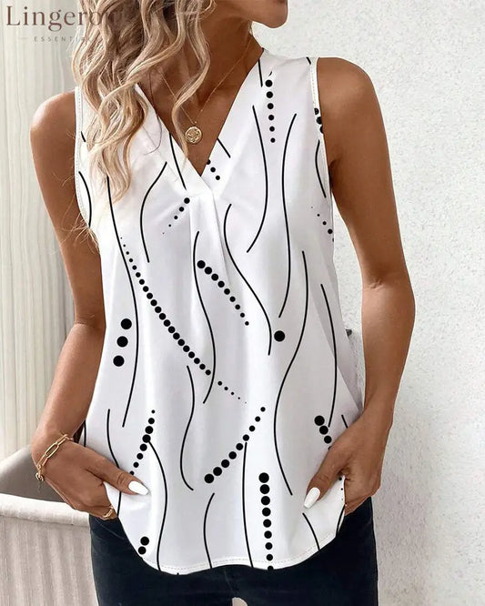 V-Neck Sleeveless Pleated Printed Vest - White / S