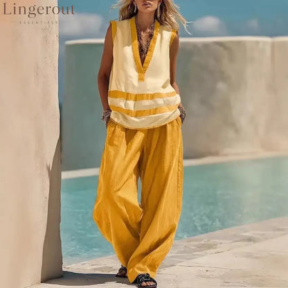 V-Neck Sleeveless Vest Wide-Leg Pants Suit Loose Casual Two-Piece Set For Women