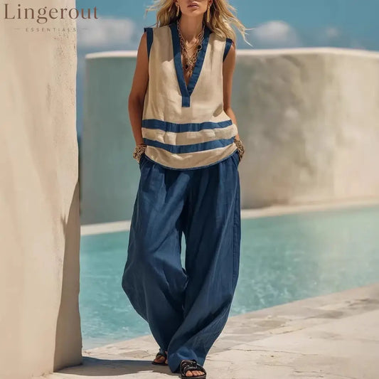 V-Neck Sleeveless Vest Wide-Leg Pants Suit Loose Casual Two-Piece Set For Women