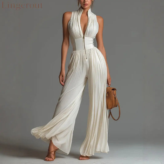 V-neck Sleeveless Zip-up Pleated Wide-leg Chiffon Jumpsuit