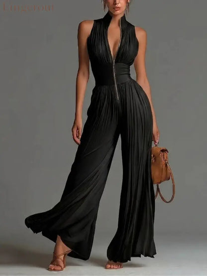 V-neck Sleeveless Zip-up Pleated Wide-leg Chiffon Jumpsuit - Black / XS