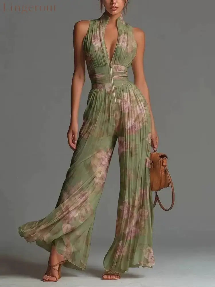 V-neck Sleeveless Zip-up Pleated Wide-leg Chiffon Jumpsuit - Green color / XS