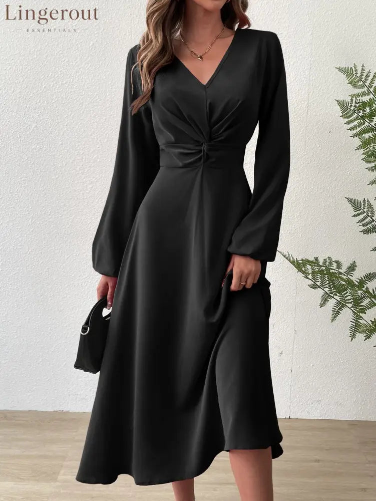 V‑Neck Twist‑Knot Waist Long‑Sleeve Midi Dress