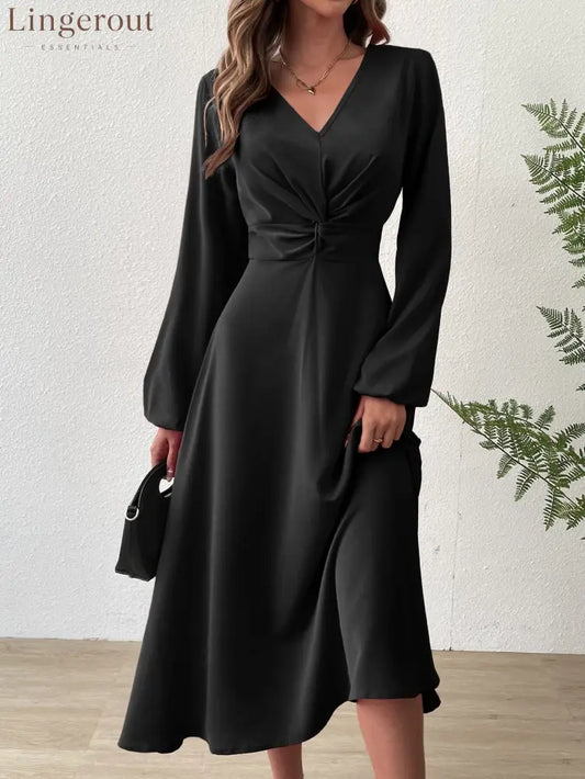 V‑Neck Twist‑Knot Waist Long‑Sleeve Midi Dress