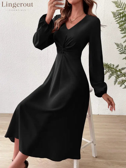 V‑Neck Twist‑Knot Waist Long‑Sleeve Midi Dress
