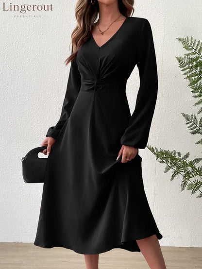 V‑Neck Twist‑Knot Waist Long‑Sleeve Midi Dress