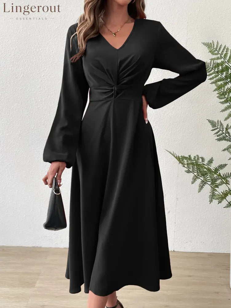 V‑Neck Twist‑Knot Waist Long‑Sleeve Midi Dress