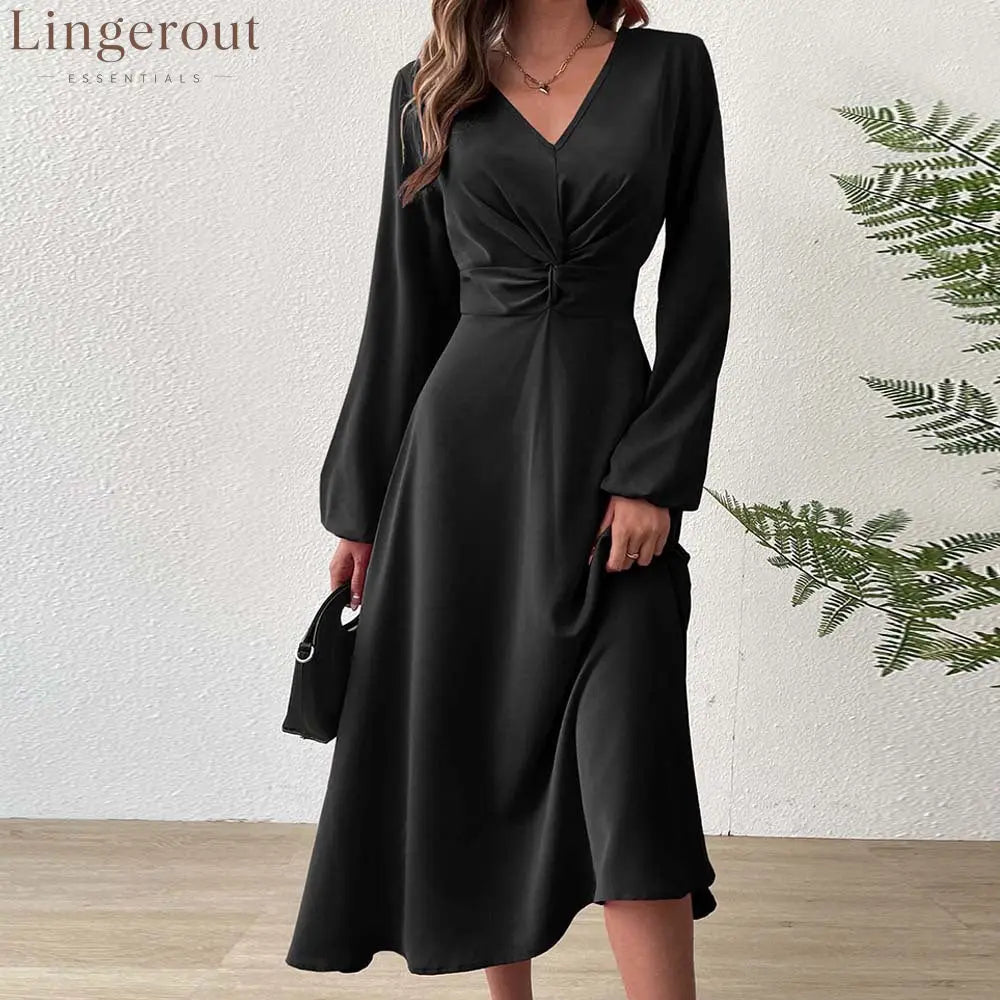 V‑Neck Twist‑Knot Waist Long‑Sleeve Midi Dress - Black / S