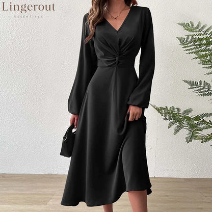 V‑Neck Twist‑Knot Waist Long‑Sleeve Midi Dress - Black / S