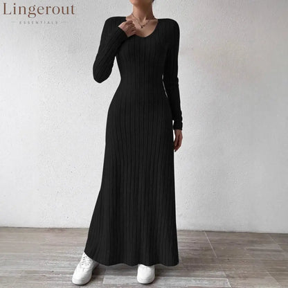 V-Neck Vertical Ribbed Knit Long Sleeve A-Line Maxi Dress