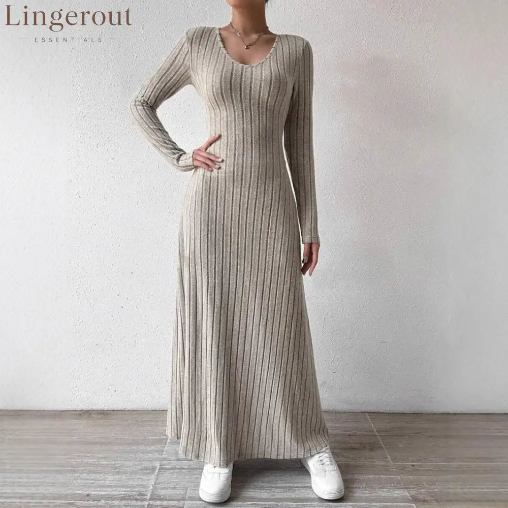 V-Neck Vertical Ribbed Knit Long Sleeve A-Line Maxi Dress
