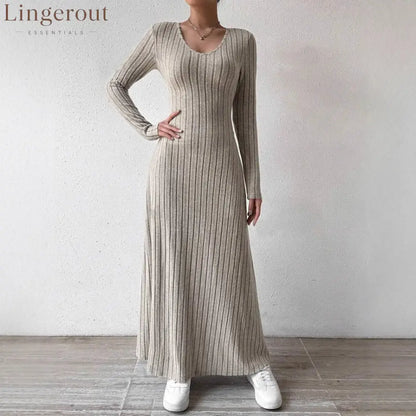 V-Neck Vertical Ribbed Knit Long Sleeve A-Line Maxi Dress