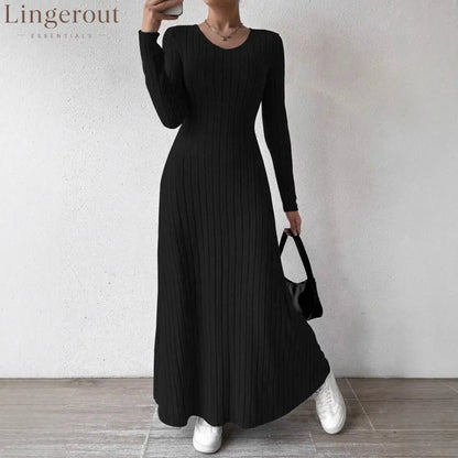 V-Neck Vertical Ribbed Knit Long Sleeve A-Line Maxi Dress