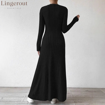 V-Neck Vertical Ribbed Knit Long Sleeve A-Line Maxi Dress