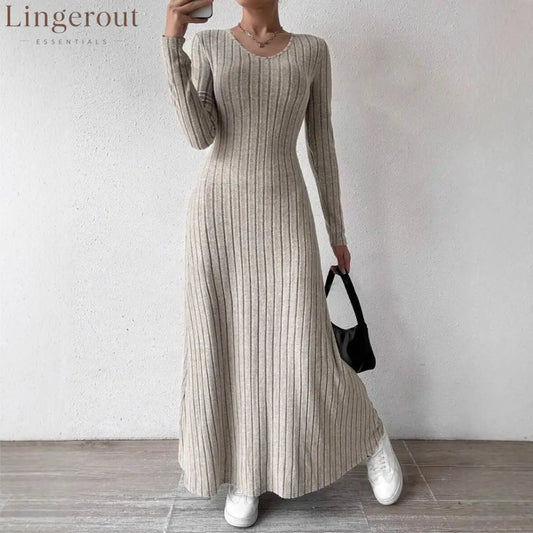 V-Neck Vertical Ribbed Knit Long Sleeve A-Line Maxi Dress