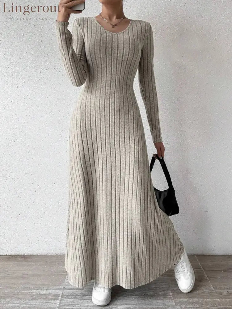 V-Neck Vertical Ribbed Knit Long Sleeve A-Line Maxi Dress - Khaki / S