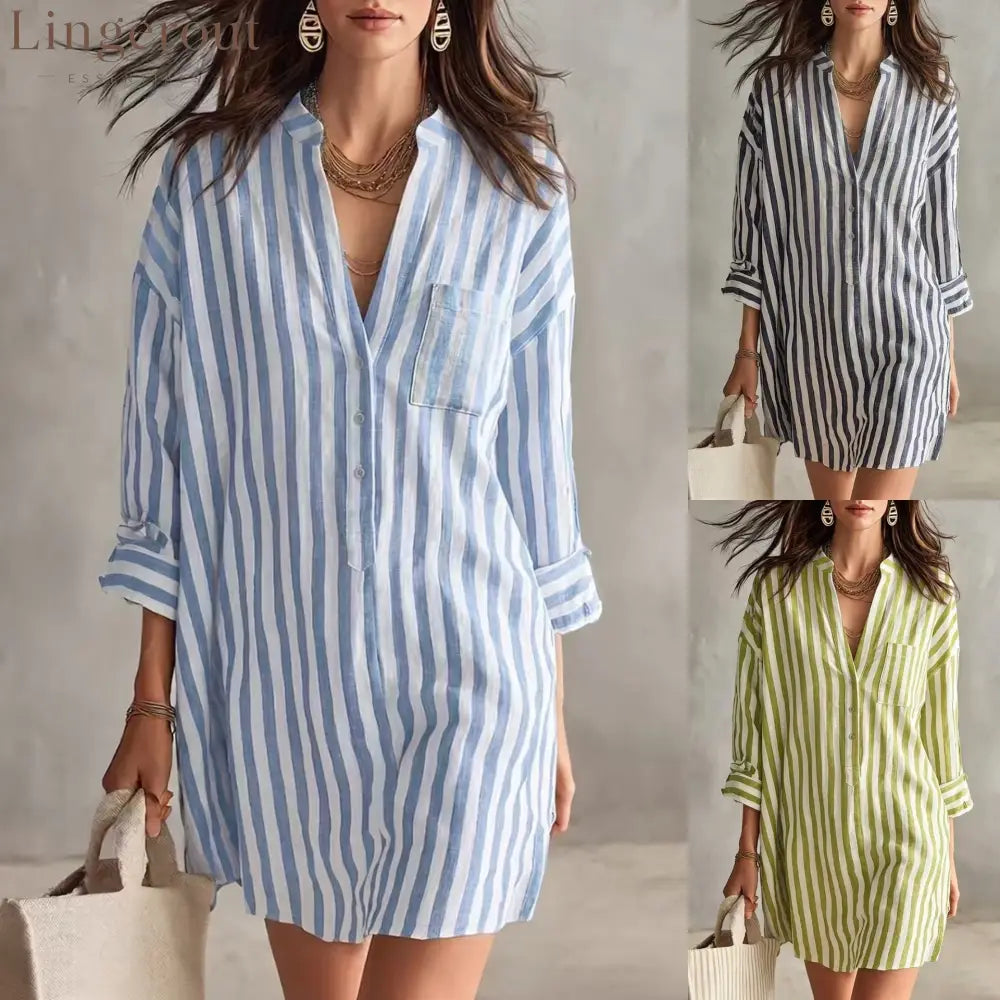 V-Neck Vertical Stripe Roll Sleeve Mini Shirt Dress