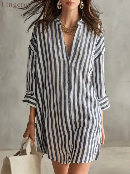 V-Neck Vertical Stripe Roll Sleeve Mini Shirt Dress - Black / S