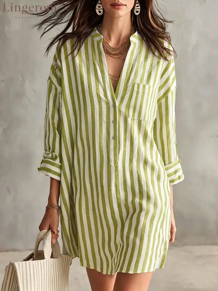 V-Neck Vertical Stripe Roll Sleeve Mini Shirt Dress - Green / S