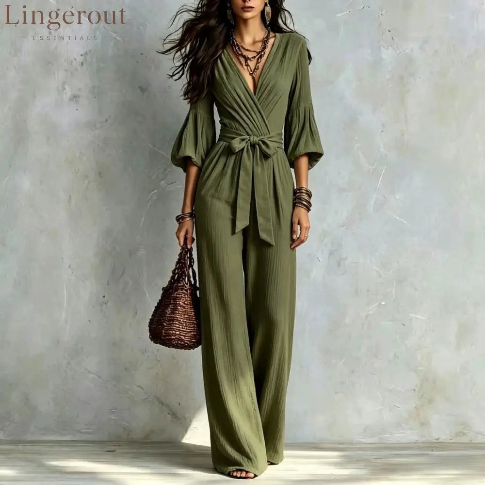 V‑Neck Wrap Belted Textured Wide‑Leg Jumpsuit With Balloon Sleeves - Army green / S